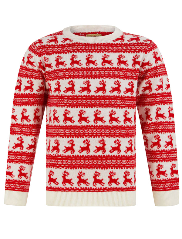 Girl’s Leaping Reindeers Wallpaper Print Novelty Christmas Jumper in Gardenia - Merry Christmas Kids (4-12yrs)