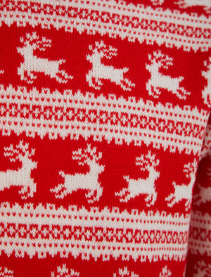 Girl’s Leaping Reindeers Wallpaper Print Novelty Christmas Jumper in High Risk Red - Merry Christmas Kids (4-12yrs)