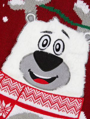 Boy's Happy Polar Bear LED Light Up Novelty Christmas Jumper in Red - Merry Christmas Kids (4-12yrs)