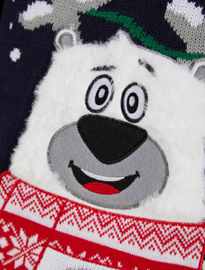 Boy's Happy Polar Bear LED Light Up Novelty Christmas Jumper in Ink - Merry Christmas Kids (4-12yrs)