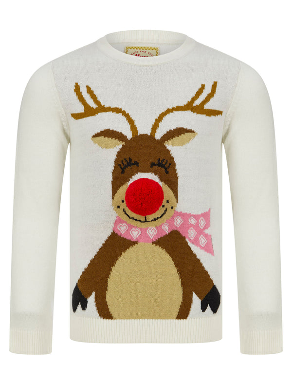 Girls Happy Reindeer Pom Pom Nose Novelty Christmas Jumper in Gardenia - Merry Christmas Kids (4-12yrs)