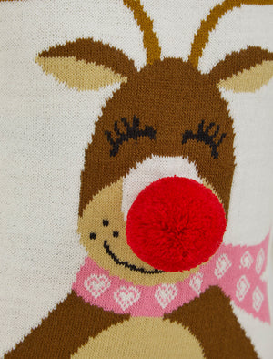 Girls Happy Reindeer Pom Pom Nose Novelty Christmas Jumper in Gardenia - Merry Christmas Kids (4-12yrs)