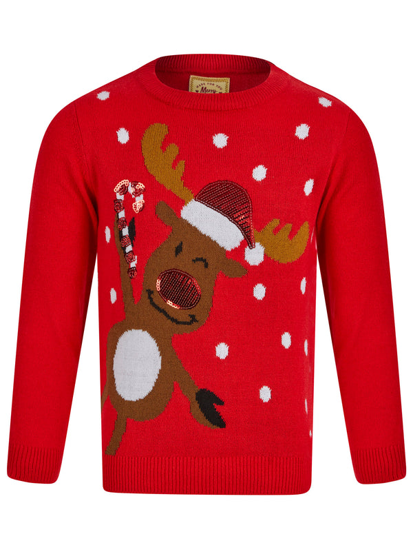 Girls Peeking Reindeer Novelty Christmas Jumper in Tokyo Red - Merry Christmas Kids (4-12yrs)