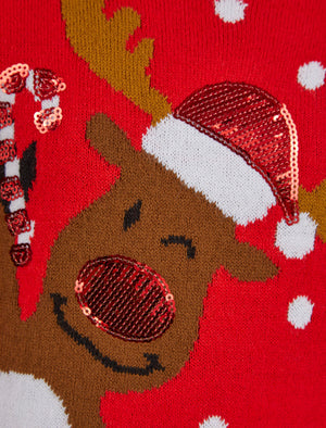 Girls Peeking Reindeer Novelty Christmas Jumper in Tokyo Red - Merry Christmas Kids (4-12yrs)