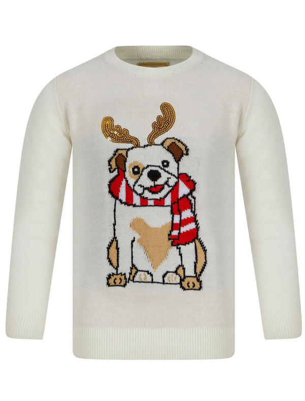 Girls Reindeer Dog Novelty Christmas Jumper in Gardenia - Merry Christmas Kids (4-12yrs)