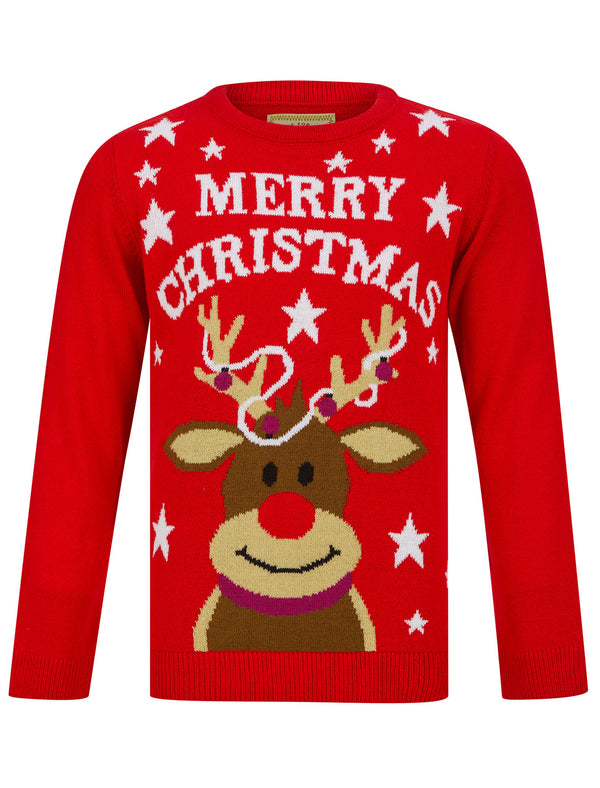 Girls Tangled Reindeer Novelty Christmas Jumper in High Risk Red - Merry Christmas Kids (4-12yrs)