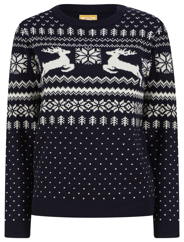 Women’s Lapland Jacquard Nordic Fairisle Novelty Christmas Jumper in Ink - Merry Christmas