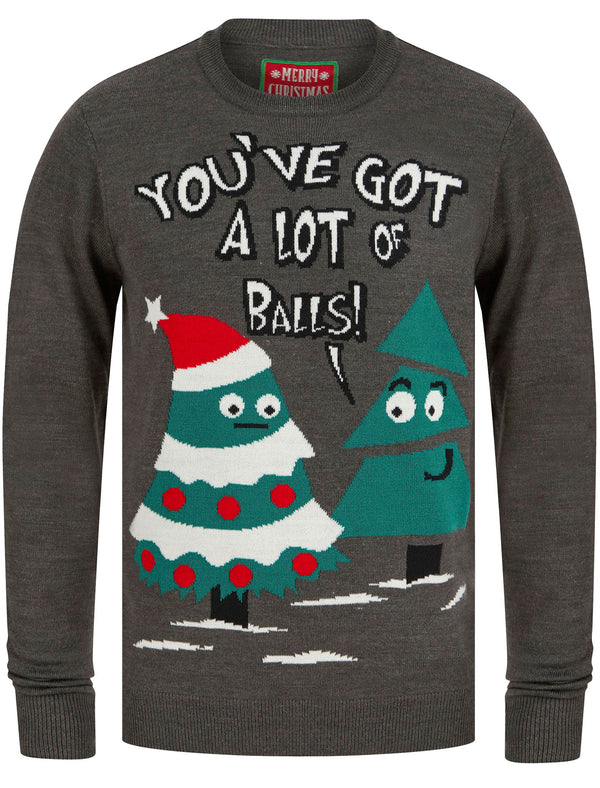 Men’s Lot of Balls Tree Motif Novelty Christmas Jumper in Dark Grey Marl - Merry Christmas