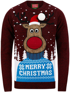 Men's Merry Deer Motif Novelty Christmas Jumper in Christmas Red / Black Twist - Merry Christmas