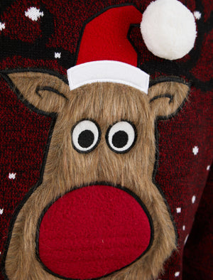 Men's Merry Deer Motif Novelty Christmas Jumper in Christmas Red / Black Twist - Merry Christmas