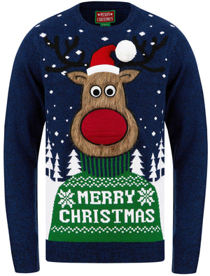 Men's Merry Deer Motif Novelty Christmas Jumper in Ink / Sapphire Twist - Merry Christmas