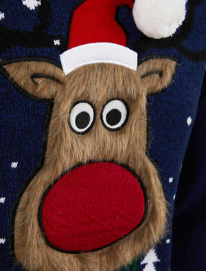 Men's Merry Deer Motif Novelty Christmas Jumper in Ink / Sapphire Twist - Merry Christmas