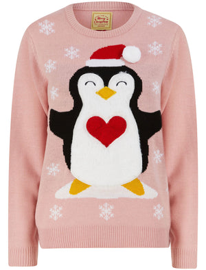 Women's Penguin Hug Motif Novelty Christmas Jumper in Pink Almond Blossom - Merry Christmas