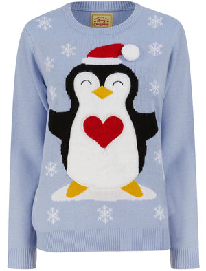 Women's Penguin Hug Motif Novelty Christmas Jumper in Powder Blue - Merry Christmas