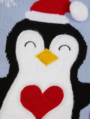 Women's Penguin Hug Motif Novelty Christmas Jumper in Powder Blue - Merry Christmas