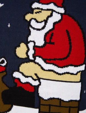 Men's Really Naughty 2 Santa Chimney Motif Novelty Christmas Jumper in Eclipse Blue - Merry Christmas