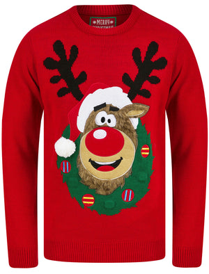 Men's Reindeer Wreath Motif LED Light Up Novelty Christmas Jumper in George Red - Merry Christmas