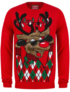 Men's Rudolph Argyle Motif LED Light Up Novelty Christmas Jumper in Tokyo Red - Merry Christmas