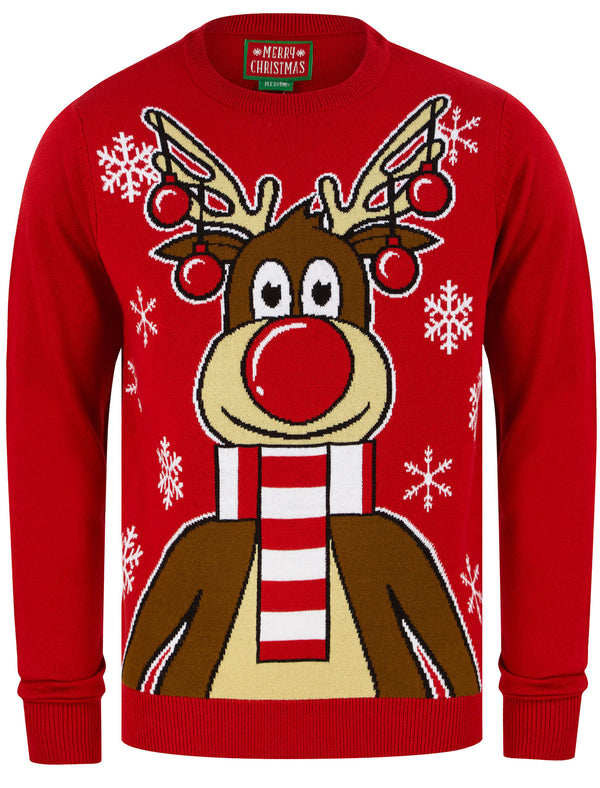 Men's Rudolph Front Motif Novelty Christmas Jumper in George Red - Merry Christmas