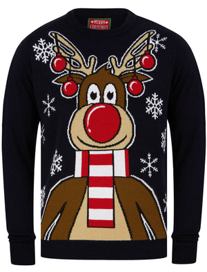 Men's Rudolph Front Motif Novelty Christmas Jumper in Ink - Merry Christmas