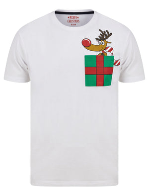 Men's Rudolph Pocket 2pc Lounge Pyjama Set in White / Navy - Merry Christmas