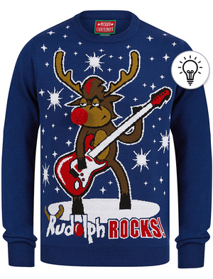 Rudolph Rocks Angus Rocks Men's Rudolph Rocks Motif LED Light Up Novelty Christmas Jumper in Sap ...