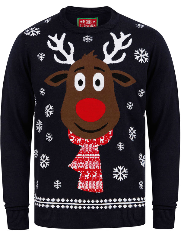 Men's Rudolph Scarf Motif Novelty Christmas Jumper in Ink - Merry Christmas