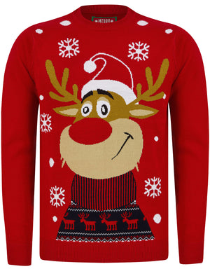 Men's Rudolph Smile Motif Novelty Christmas Jumper in George Red - Merry Christmas