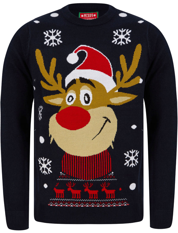 Men's Rudolph Smile Motif Novelty Christmas Jumper in Ink - Merry Christmas