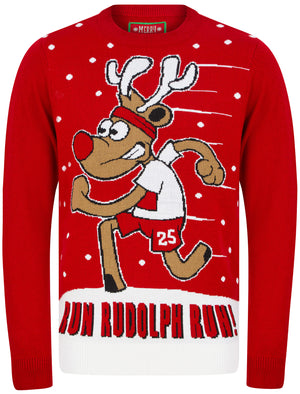 Men's Run Rudolph Run Motif Novelty Christmas Jumper in George Red - Merry Christmas