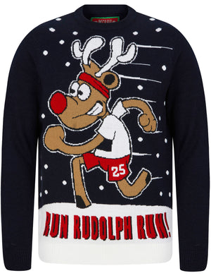 Men's Run Rudolph Run Motif Novelty Christmas Jumper in Ink - Merry Christmas