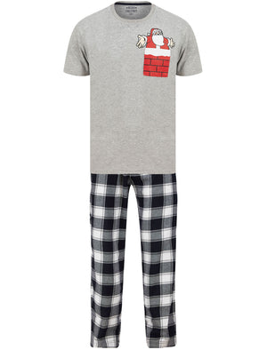 Men's Santa Pocket 2pc Lounge Pyjama Set in Light Grey Marl / Navy White Check - Merry Christmas