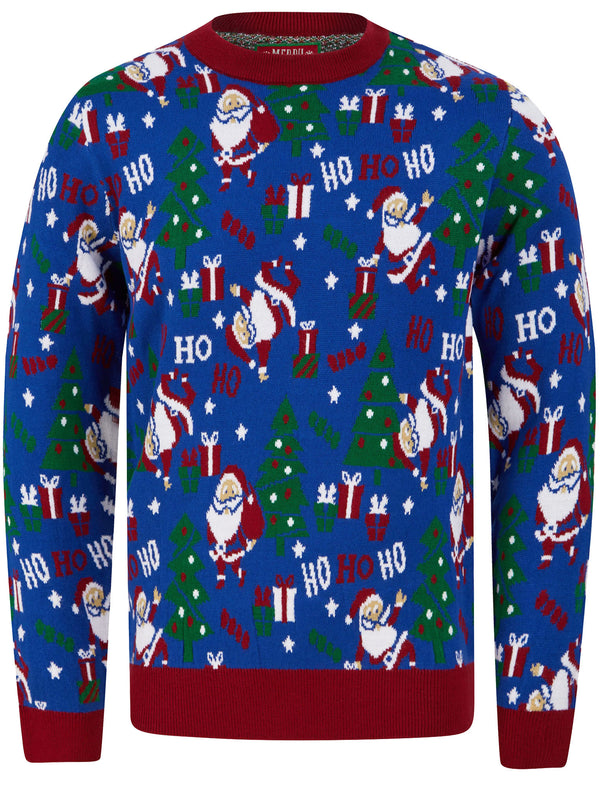 Santa Repeat Motif Novelty Christmas Jumper in Sapphire Blue - Merry Christmas