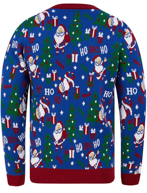 Santa Repeat Motif Novelty Christmas Jumper in Sapphire Blue - Merry Christmas