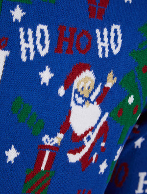 Santa Repeat Motif Novelty Christmas Jumper in Sapphire Blue - Merry Christmas