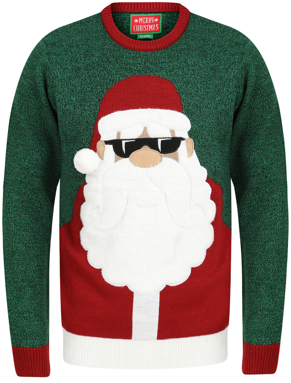 Santa Sunglasses Novelty Christmas Jumper With Faux Fur Applique in Green - Merry Christmas