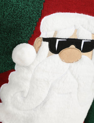 Santa Sunglasses Novelty Christmas Jumper With Faux Fur Applique in Green - Merry Christmas