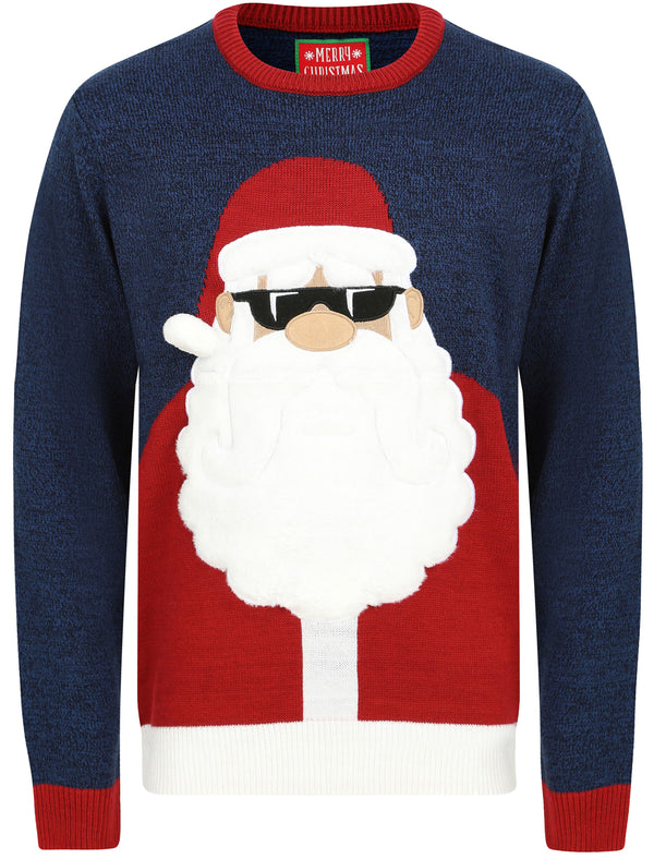 Santa Sunglasses Novelty Christmas Jumper With Faux Fur Applique in Navy - Merry Christmas
