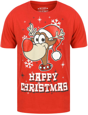 Shiny Rudolph Motif Novelty Cotton Christmas T-Shirt in Barados Cherry - Merry Christmas