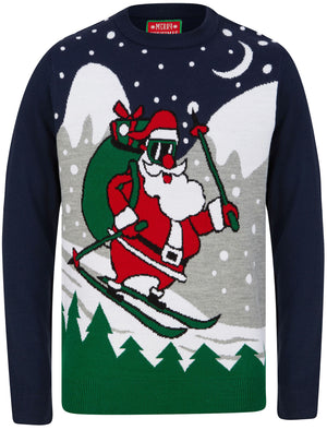 Skiing Santa Motif Novelty Christmas Jumper in Eclipse Blue - Merry Christmas