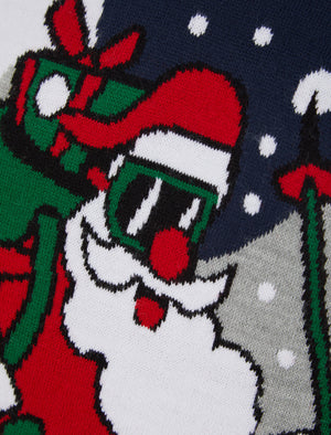 Skiing Santa Motif Novelty Christmas Jumper in Eclipse Blue - Merry Christmas