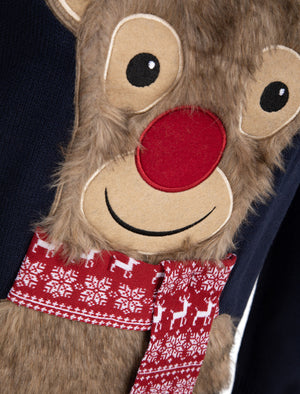 Sleepy Reindeer Novelty Christmas Jumper With Faux Fur Applique In Eclipse Blue - Merry Christmas