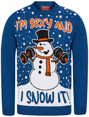 Men's Snow It Workout Motif Novelty Christmas Jumper in Limoges Blue - Merry Christmas