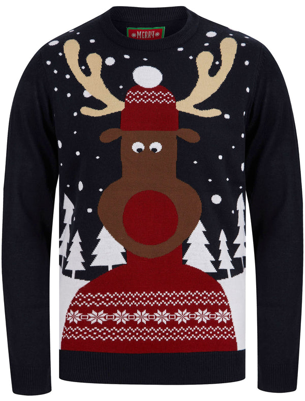 Men’s Snow Scene Rudolph Motif Novelty Christmas Jumper in Ink - Merry Christmas