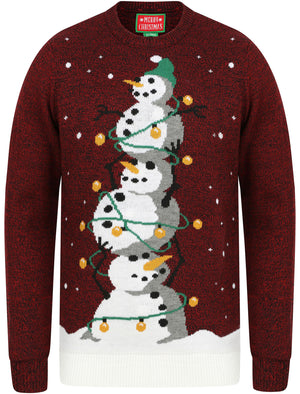 Snowman Tree Motif LED Light Up Novelty Christmas Jumper in Red & Black Twist - Merry Christmas
