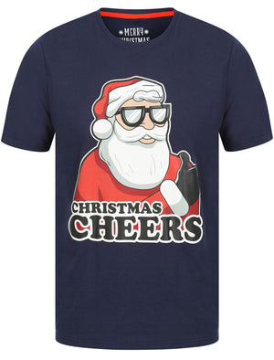 Thumbs Up Motif Novelty Cotton Christmas T-Shirt in Eclipse Blue - Merry Christmas