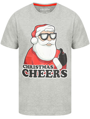 Thumbs Up Motif Novelty Cotton Christmas T-Shirt in Light Grey Marl - Merry Christmas