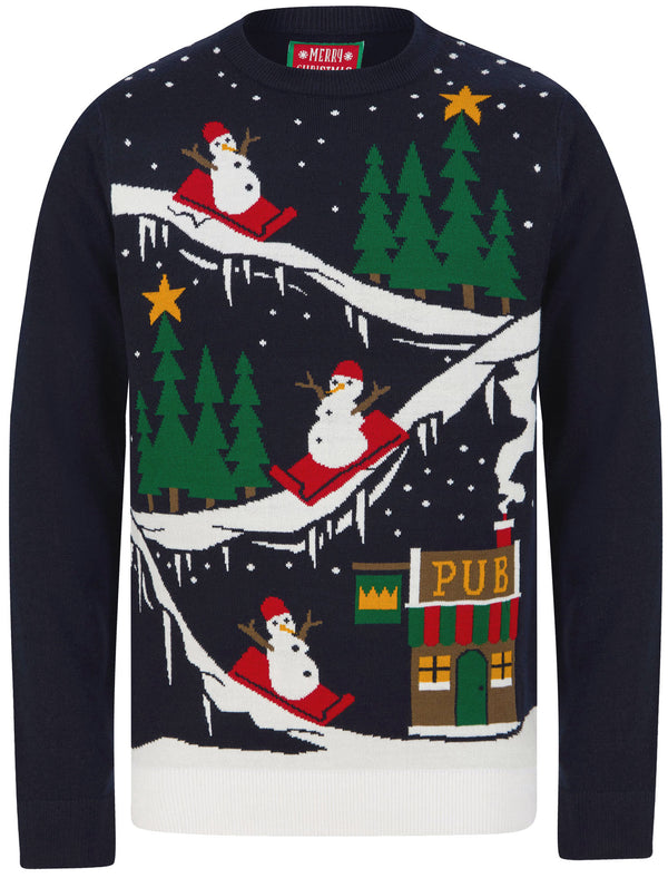 Men's To The Pub 2 Snowman Slide Motif Novelty Christmas Jumper in Ink - Merry Christmas