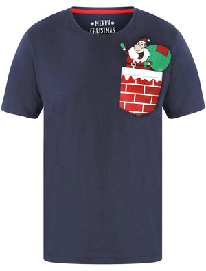 Waving Santa Pocket Motif Novelty Cotton Christmas T-Shirt in Eclipse Blue - Merry Christmas