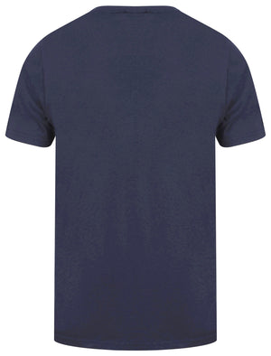 Waving Santa Pocket Motif Novelty Cotton Christmas T-Shirt in Eclipse Blue - Merry Christmas